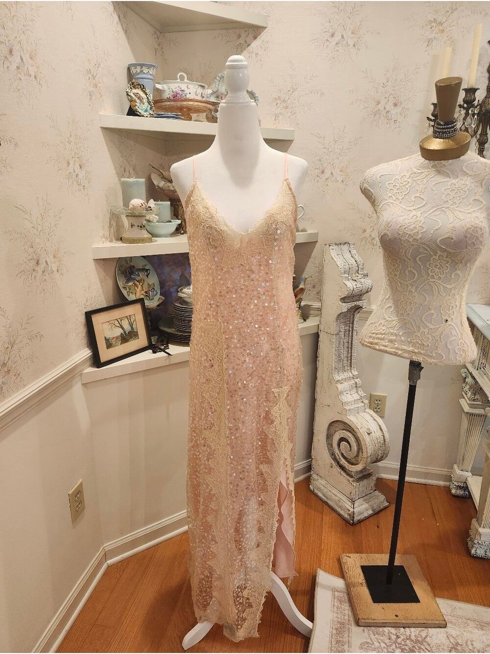 Nelly Blush Pink Sequin Maxi Dress Lace Slip Dress Wedding Guest Formal Gown XS